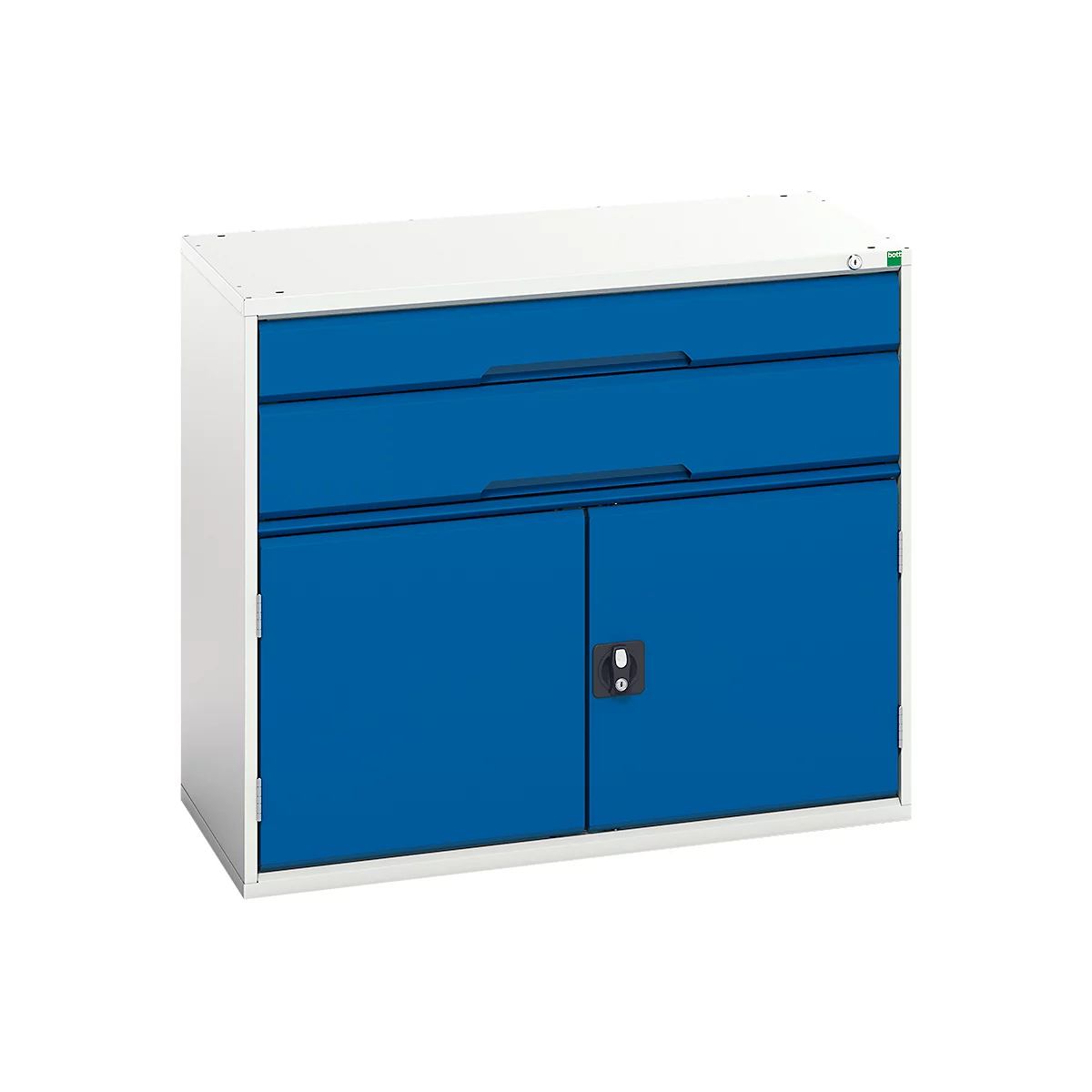 Armoire à tiroirs Bott verso, 2 tiroirs, jusqu'à 75 kg par tiroir, porte à charnière, extension totale, L 1050 x P 550 x H 900 mm, tôle d'acier, gris-bleu