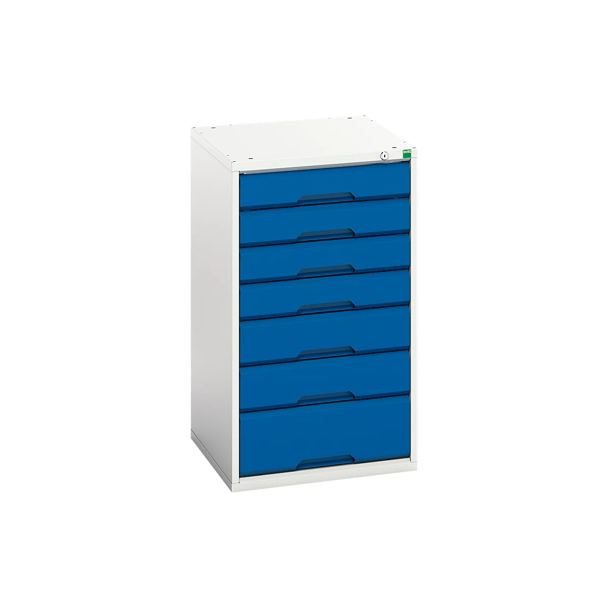 Armoire à tiroirs Bott verso, 7 tiroirs, jusqu'à 75 kg par tiroir, porte battante, ouverture totale, L 525 x P 550 x H 900 mm, tôle d'acier, gris-bleu