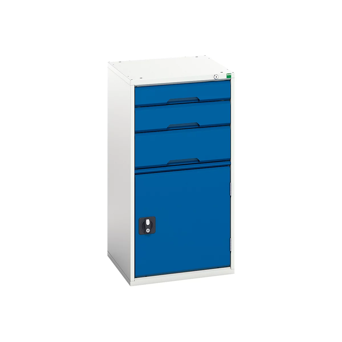 Armoire à tiroirs bott verso, avec porte battante, 3 tiroirs, tiroir simple, tablette, L 525 x P 550 x H 1000, tôle d'acier, gris-bleu