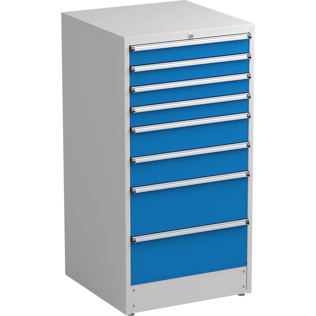 Armoire à tiroirs Treston, 8 tiroirs, verrouillables, L 715 x P 715 x H 1400 mm, acier, gris clair RAL 7035/bleu RAL 5007
