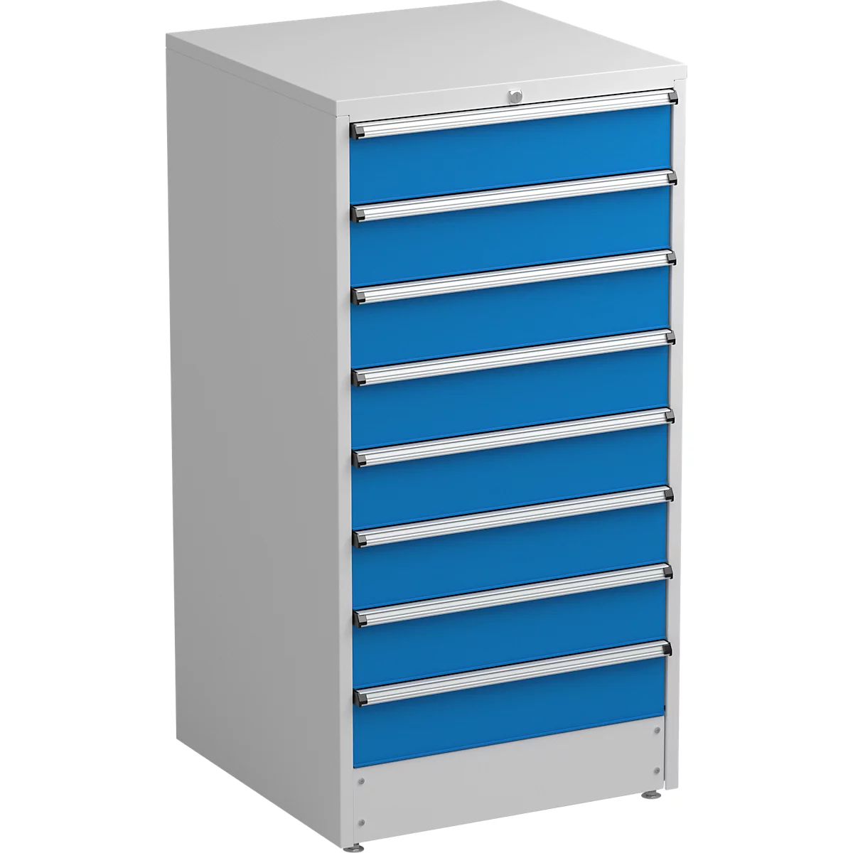 Armoire à tiroirs Treston, 9 tiroirs, verrouillables, L 715 x P 715 x H 1400 mm, acier, gris clair RAL 7035/bleu RAL 5007