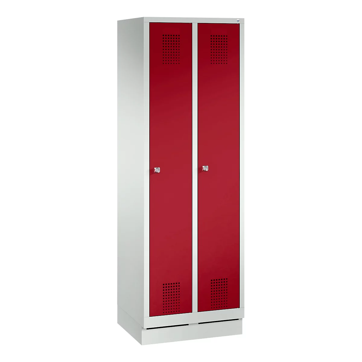 Armoire à vêtements Evolo S 3000, avec socle, 2 compartiments, serrure à cylindre, gris clair RAL 7035/rouge rubis RAL 3003
