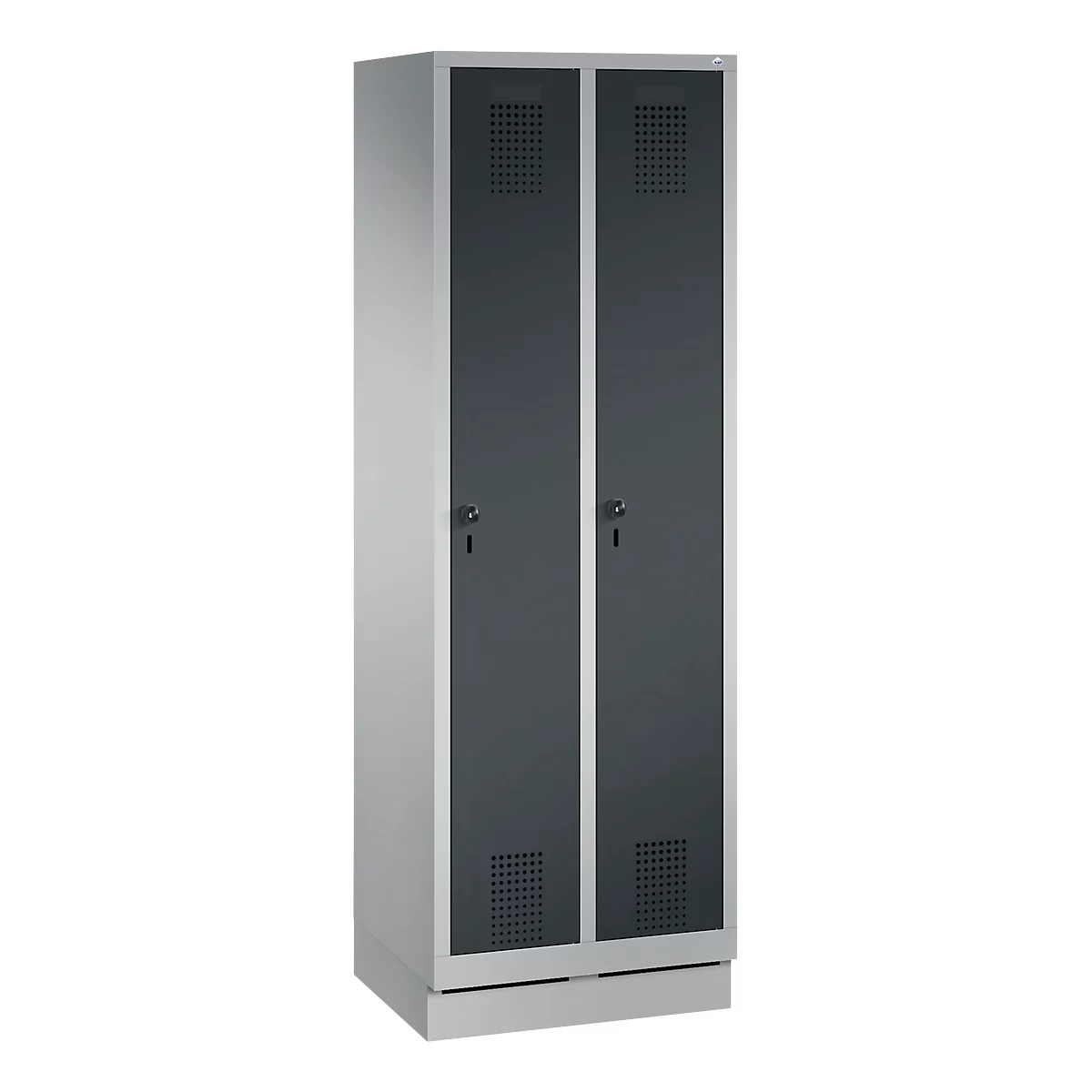Armoire à vêtements Evolo S 3000, avec socle, 2 compartiments, serrure de sécurité à pêne tournant, aluminium blanc RAL 9006/anthracite RAL 7016
