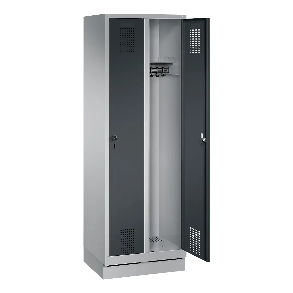 Armoire à vêtements Evolo S 3000, avec socle, 2 compartiments, serrure de sécurité à pêne tournant, aluminium blanc RAL 9006/anthracite RAL 7016