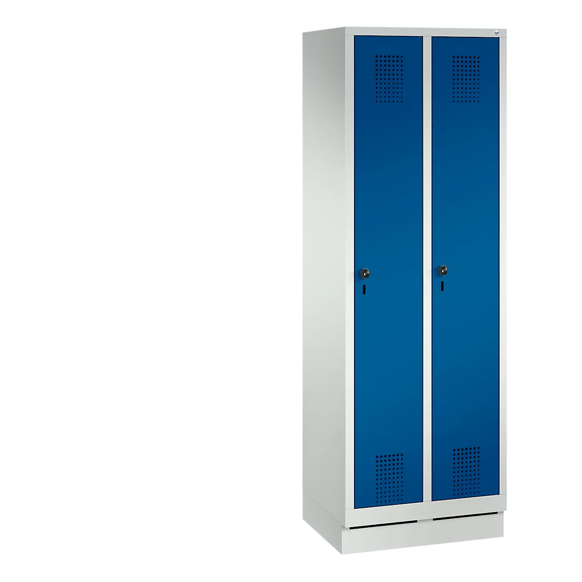 Armoire à vêtements Evolo S 3000, avec socle, 2 compartiments, serrure de sécurité à pêne tournant, gris clair RAL 7035/bleu de gentiane RAL 5010