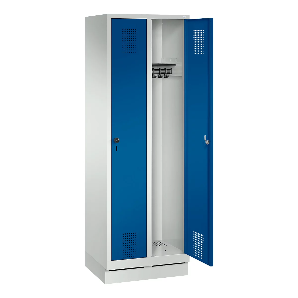Armoire à vêtements Evolo S 3000, avec socle, 2 compartiments, serrure de sécurité à pêne tournant, gris clair RAL 7035/bleu de gentiane RAL 5010