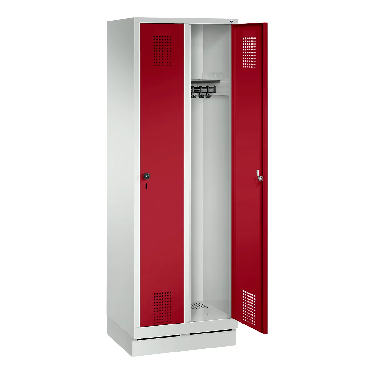 Armoire à vêtements Evolo S 3000, avec socle, 2 compartiments, serrure de sécurité à pêne tournant, gris clair RAL 7035/rouge rubis RAL 3003