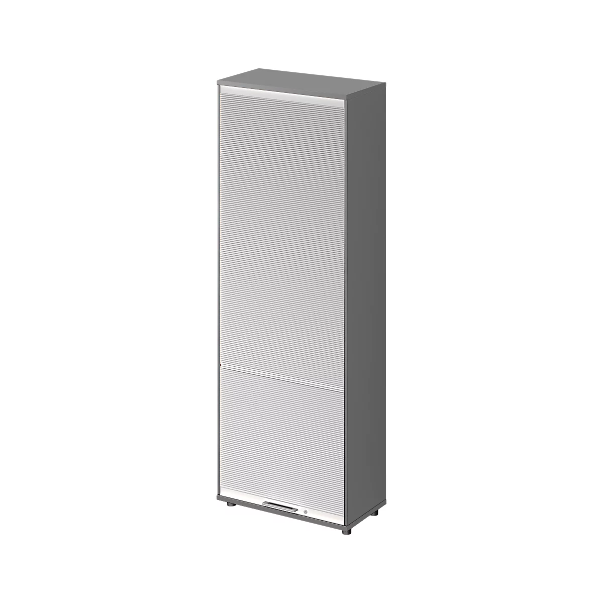 Armoire blanche, cadre gris. Motif à lattes verticales, divisé par une ligne horizontale.