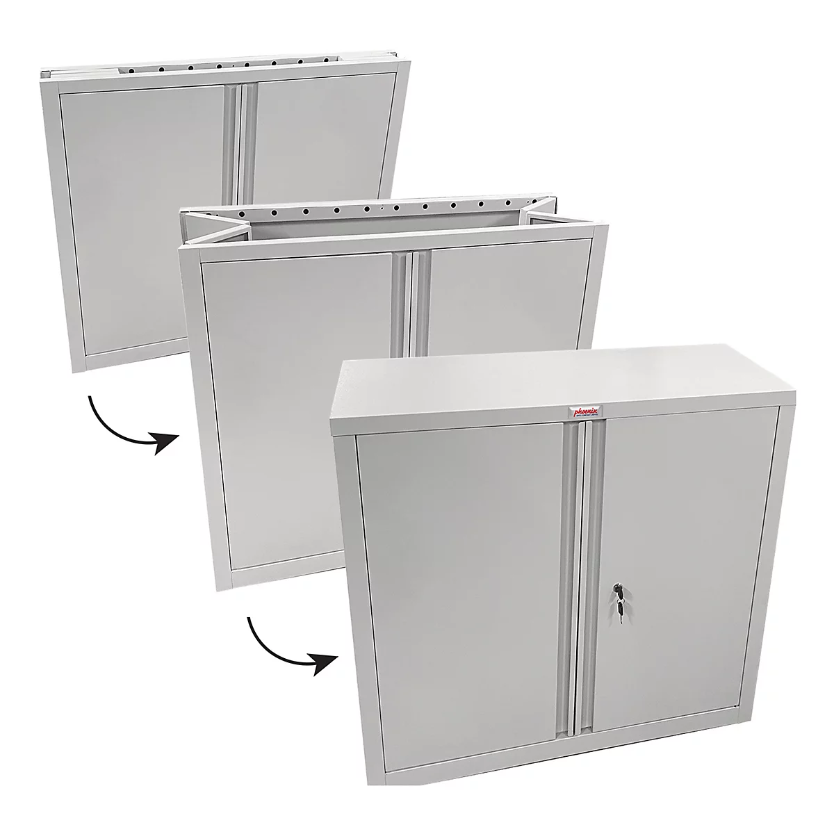 Trois étapes de l'assemblage d'une armoire grise, avec des flèches indiquant le mouvement. L'armoire passe d'à plat à entièrement assemblée.