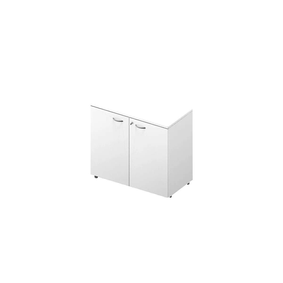Armoire blanche avec deux portes et poignées incurvées, sur fond gris.