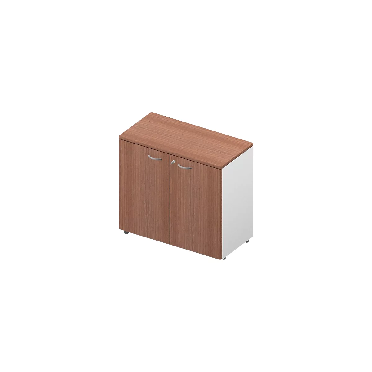 Armoire avec placage en bois, deux portes, poignées argentées et panneau latéral blanc.