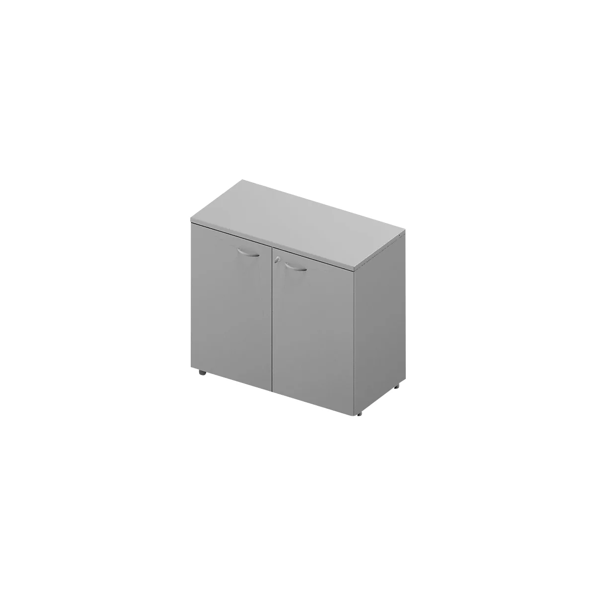 Armoire grise avec deux portes, deux poignées et une petite serrure.