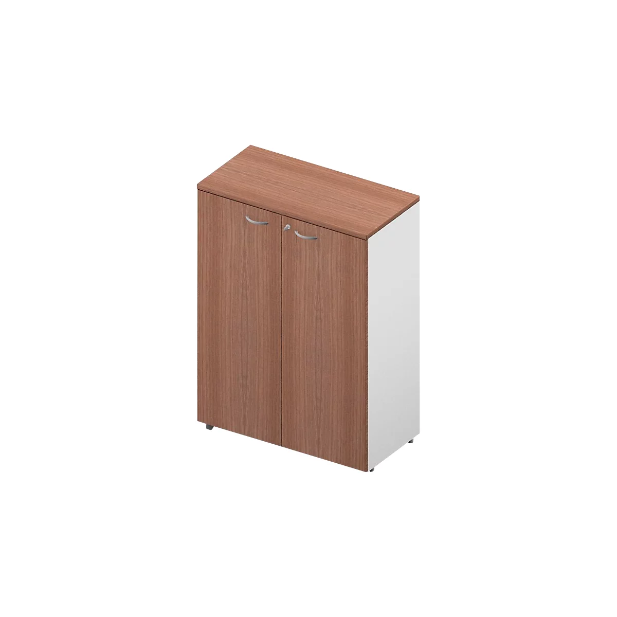 Une armoire avec des portes marron et des panneaux latéraux blancs. Deux poignées de porte et une serrure sont visibles.