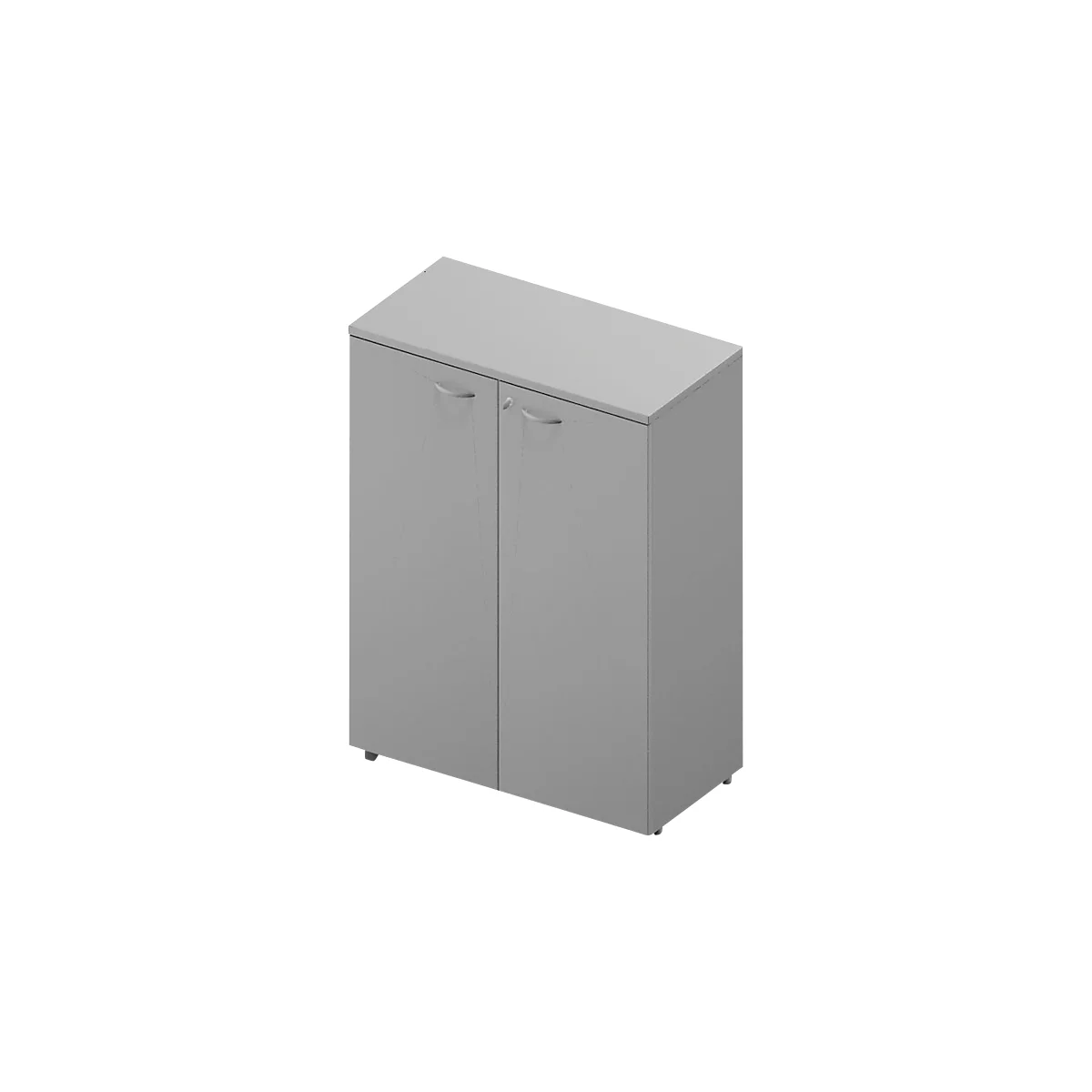Armoire grise à deux portes et poignées. Le meuble est légèrement incliné.