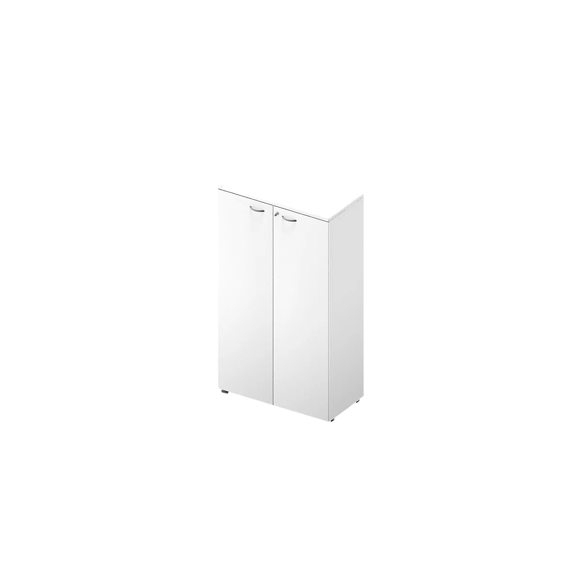 Armoire blanche à deux portes et poignées argentées. L'armoire repose sur de petits pieds. Le fond est blanc.