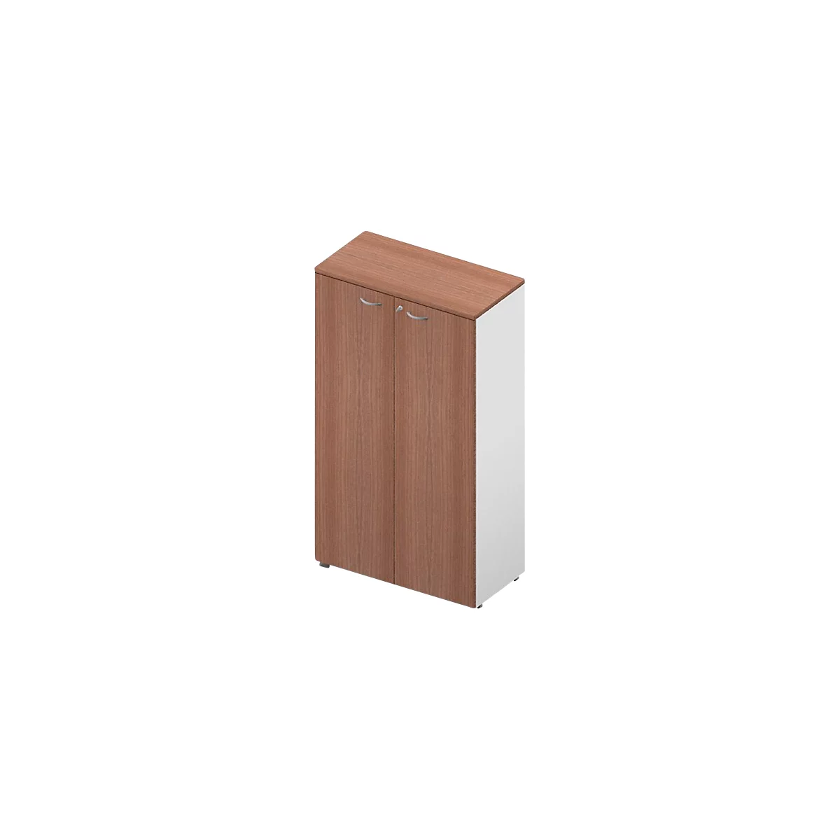 Armoire avec portes marron et côté blanc, poignées et pieds argentés.