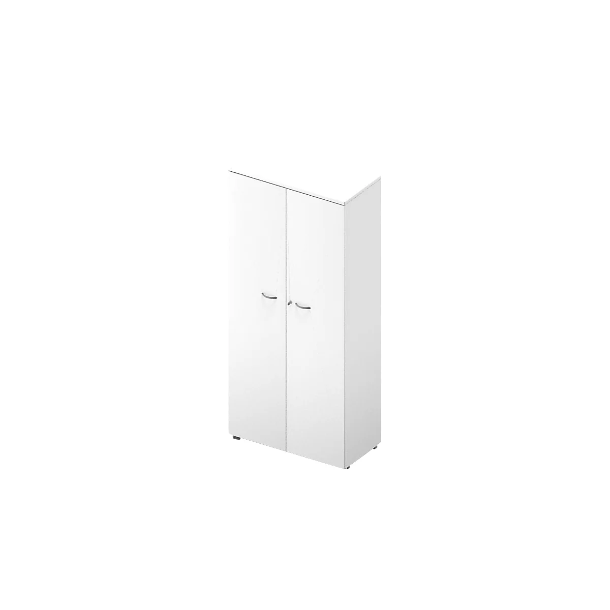 Armoire blanche à deux portes et poignées incurvées. Sur fond neutre.