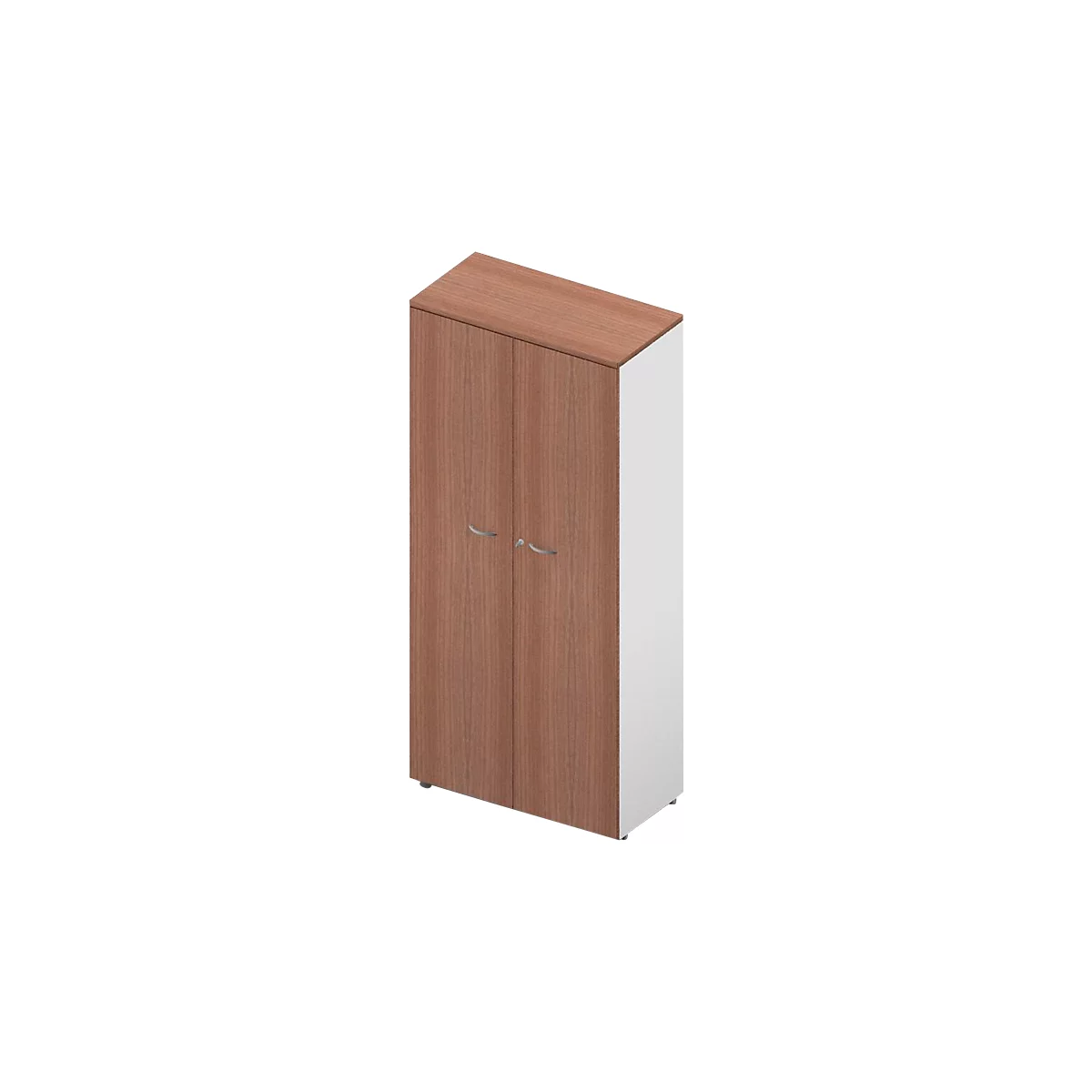 Une armoire en bois marron avec deux portes et des poignées argentées. Le côté droit est blanc.