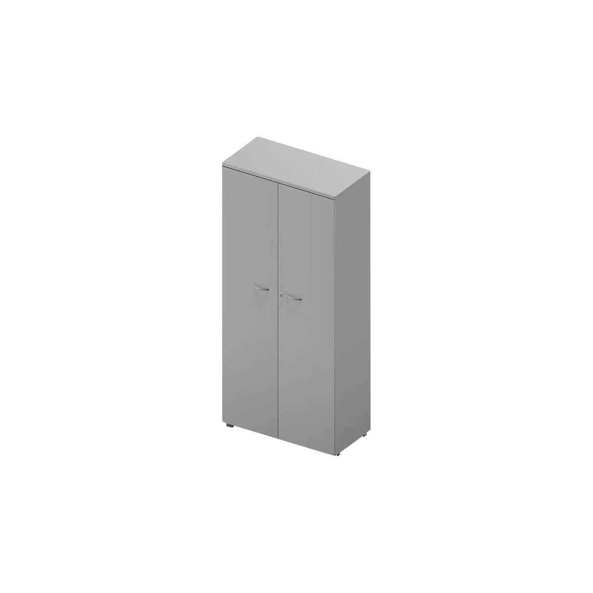 Un meuble gris avec deux portes. Les portes ont de petites poignées incurvées.