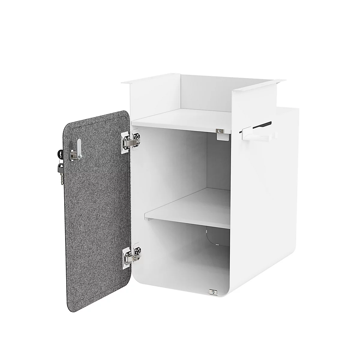 Armoire blanche avec porte en feutre gris ouverte. Étagères intérieures visibles. Détails comme les charnières et la poignée.