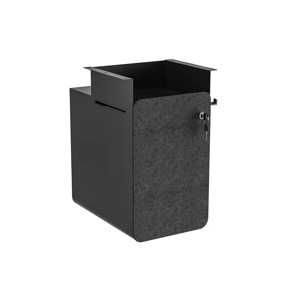 Armoire noire, un côté en feutre, clé, étagère supérieure.