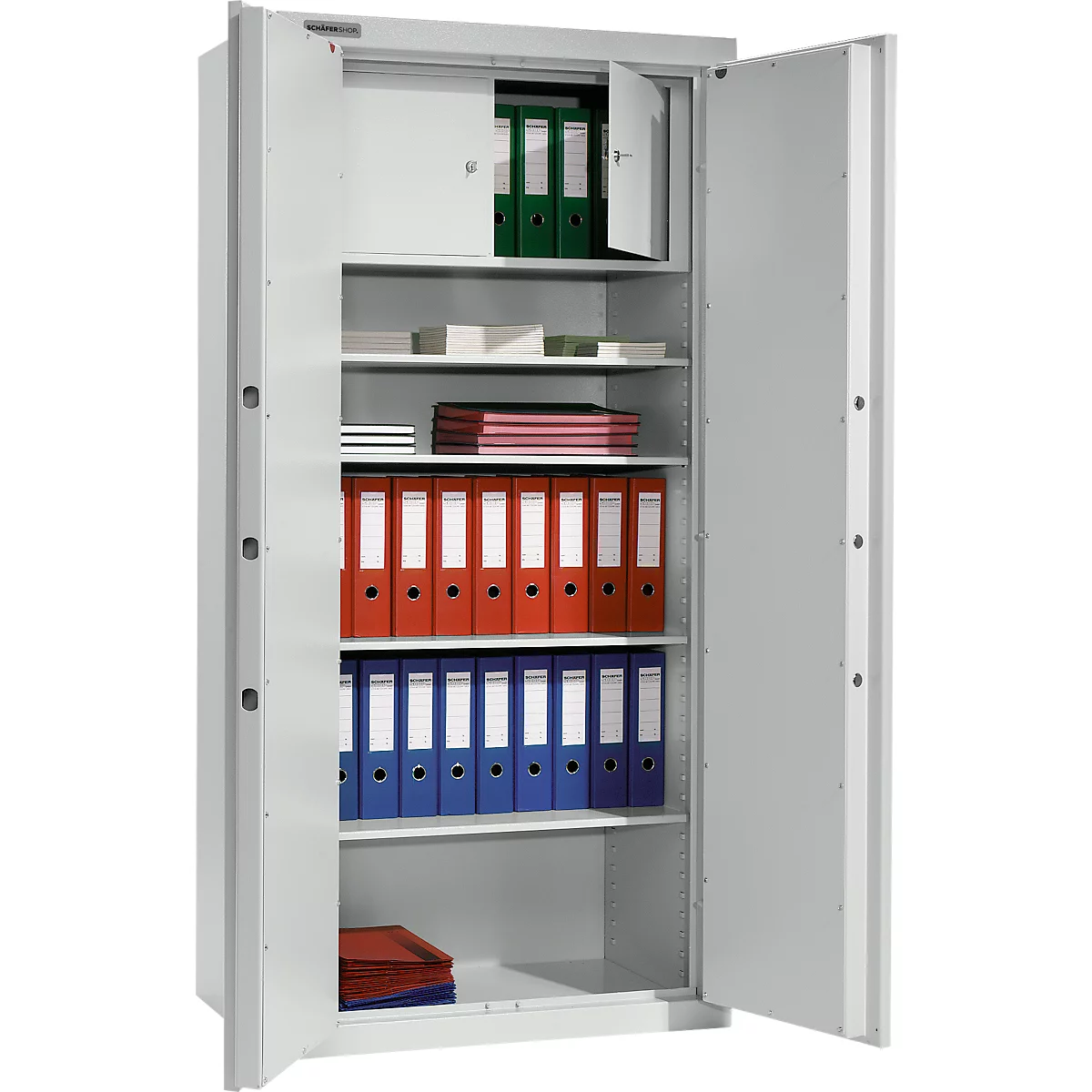 Une armoire de classement grise ouverte avec des dossiers rouges, bleus et verts. Porte ouverte à droite.