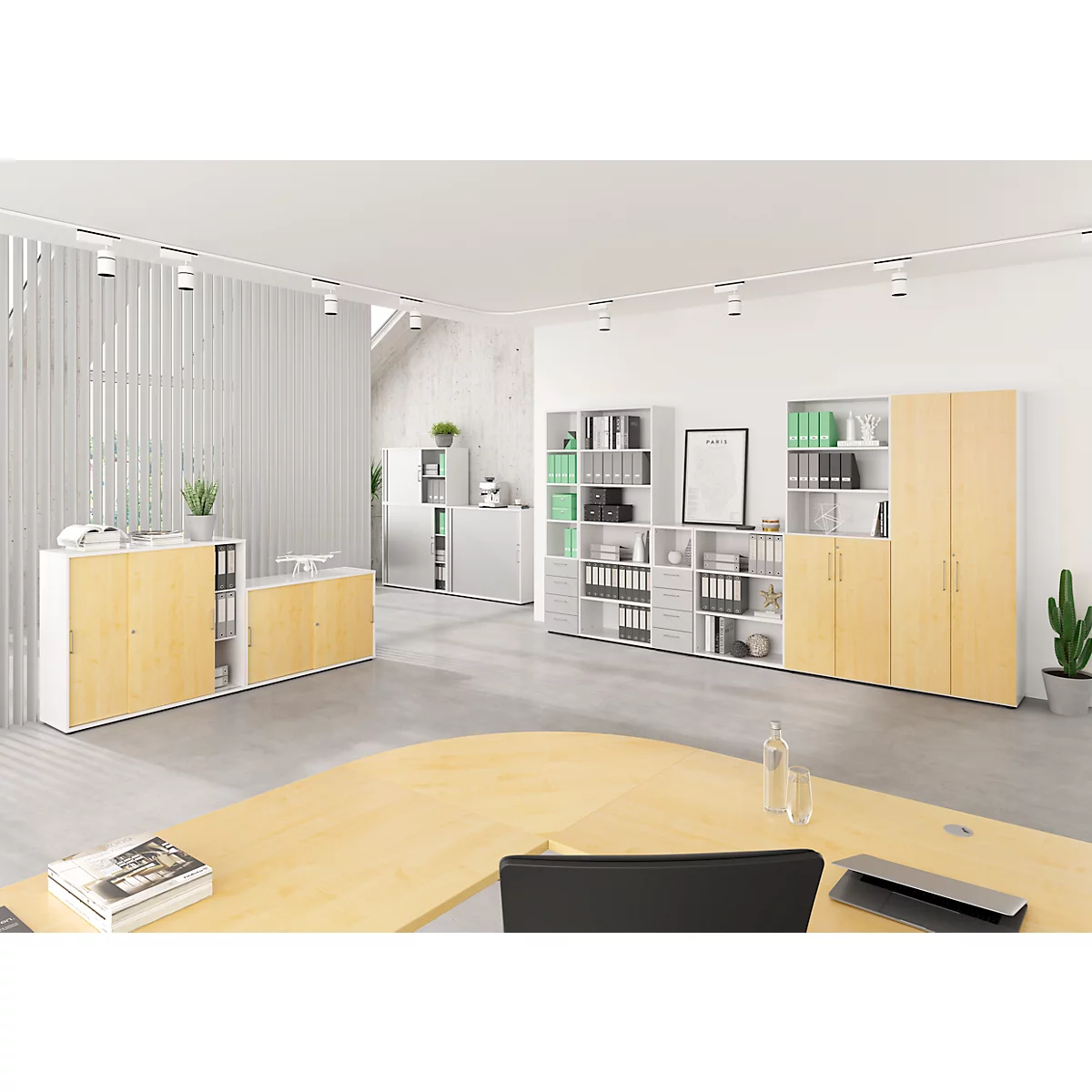 Armoire combinée Breno, avec 4 tiroirs &amp; élément d'étagère, 6 HC, L 400 x P 420 x H 2156 mm, panneau de particules, blanc/blanc