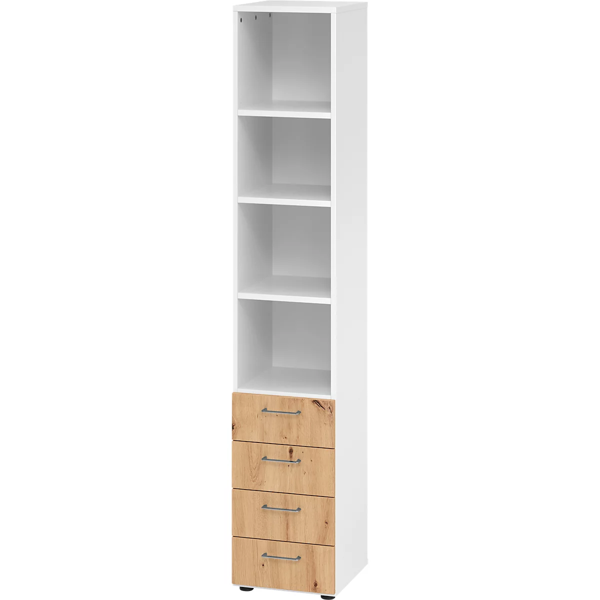 Armoire combinée Breno, avec 4 tiroirs &amp; élément d'étagère, 6 HC, L 400 x P 420 x H 2156 mm, panneau de particules, blanc/chêne rouvre