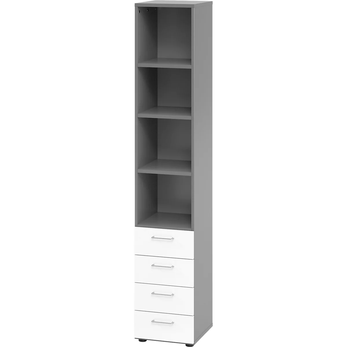 Armoire combinée Breno, avec 4 tiroirs &amp; élément d'étagère, 6 HC, L 400 x P 420 x H 2156 mm, panneau de particules, graphite/blanc
