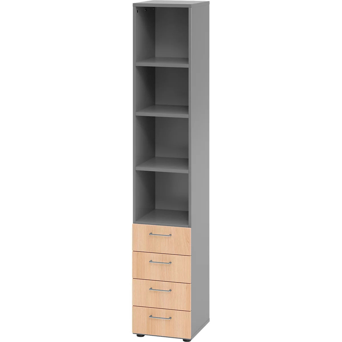 Armoire combinée Breno, avec 4 tiroirs &amp; élément d'étagère, 6 HC, L 400 x P 420 x H 2156 mm, panneau de particules, graphite/chêne