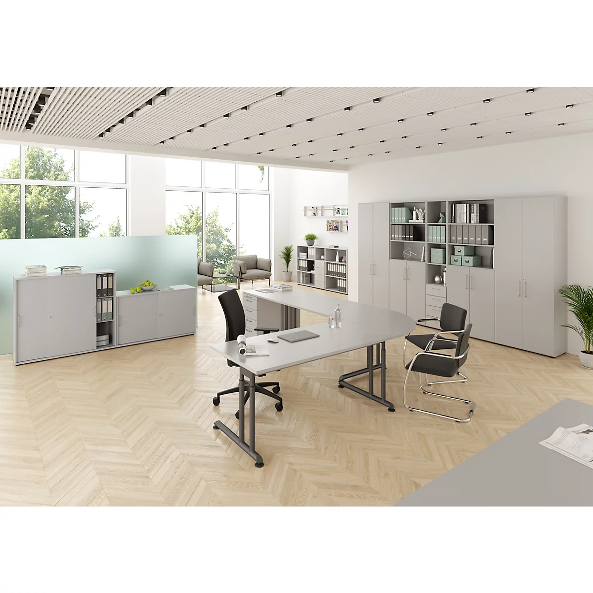 Armoire combinée Breno, avec 4 tiroirs &amp; élément d'étagère, 6 HC, L 400 x P 420 x H 2156 mm, panneau de particules, gris clair/gris clair