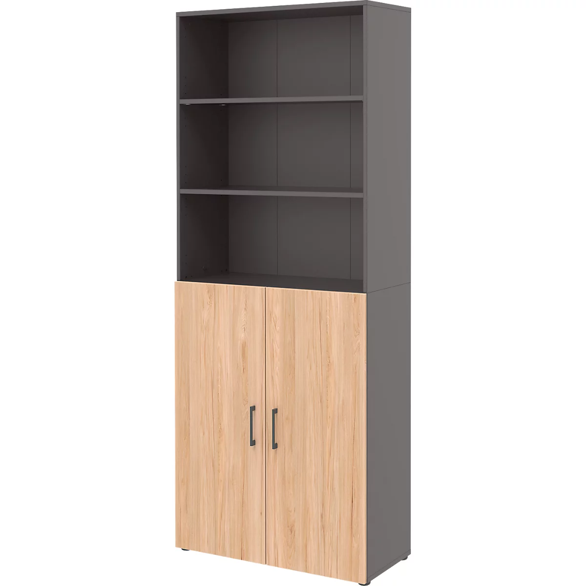 Armoire combinée de bureau TEMPIO, en bois, 2 portes (3 OH), 6 OH, L 800 x P 340 x H 2130 mm, anthracite/chêne caryer