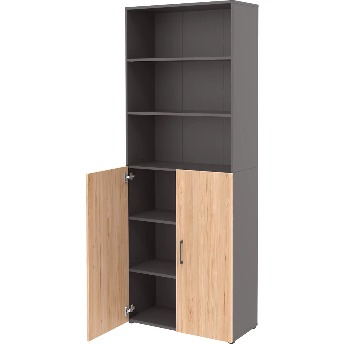 Armoire combinée de bureau TEMPIO, en bois, 2 portes (3 OH), 6 OH, L 800 x P 340 x H 2130 mm, anthracite/chêne caryer