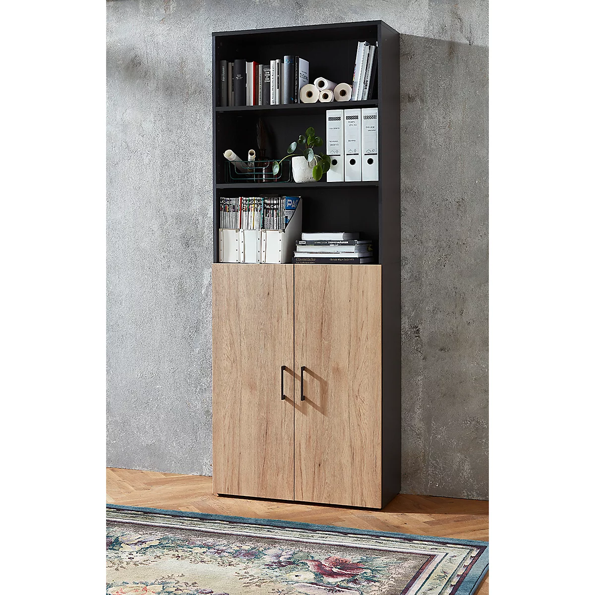 Armoire combinée de bureau TEMPIO, en bois, 2 portes (3 OH), 6 OH, L 800 x P 340 x H 2130 mm, anthracite/chêne caryer
