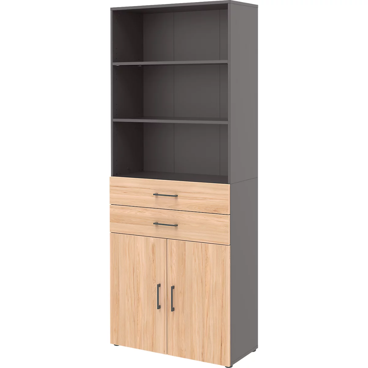 Armoire combinée Home Office TEMPIO, en bois, 2 portes, 2 tiroirs, 6 HC, L 800 x P 340 x H 2130 mm, anthracite/chêne nickory