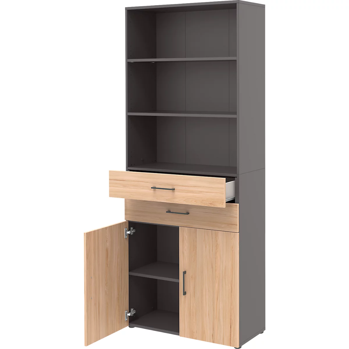 Armoire combinée Home Office TEMPIO, en bois, 2 portes, 2 tiroirs, 6 HC, L 800 x P 340 x H 2130 mm, anthracite/chêne nickory