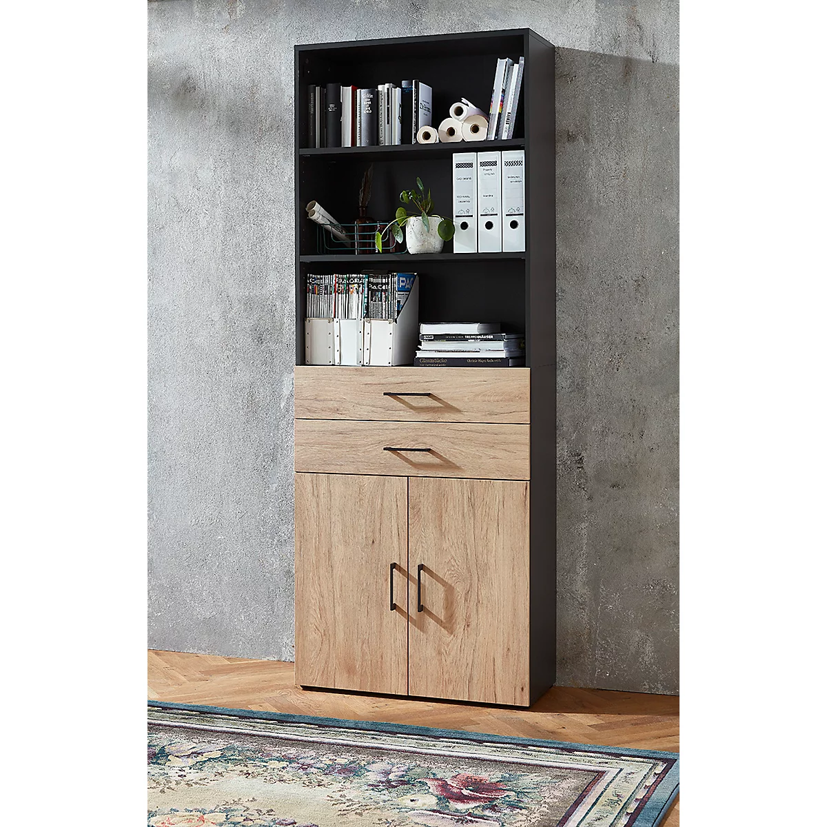 Armoire combinée Home Office TEMPIO, en bois, 2 portes, 2 tiroirs, 6 HC, L 800 x P 340 x H 2130 mm, anthracite/chêne nickory