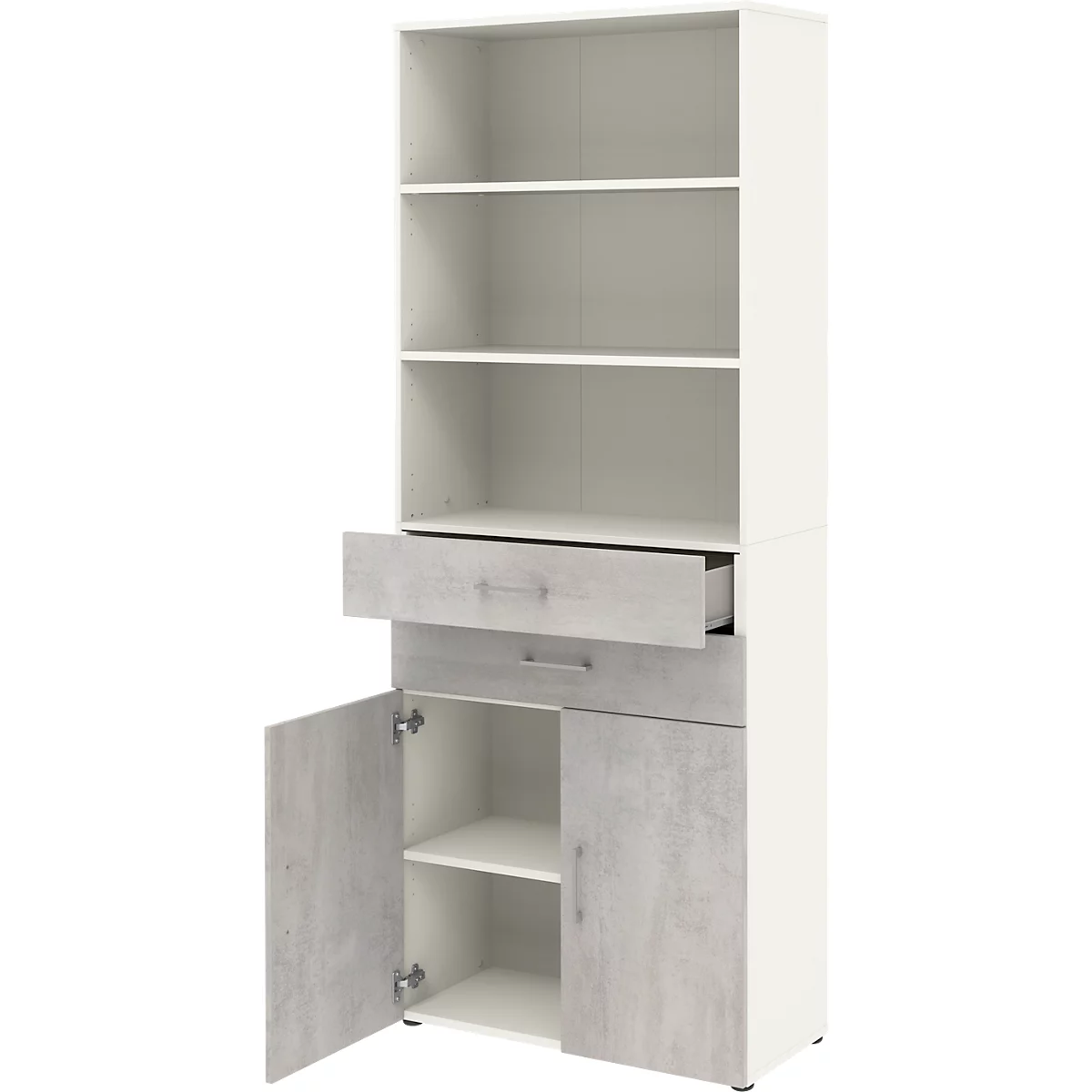 Armoire combinée Home Office TEMPIO, en bois, 2 portes, 2 tiroirs, 6 HC, L 800 x P 340 x H 2130 mm, blanc/béton