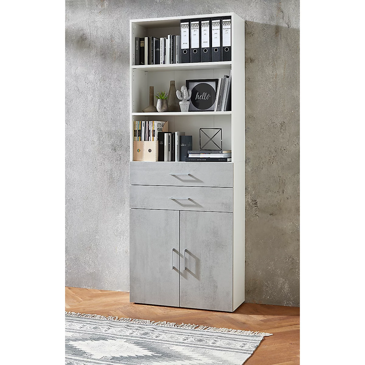 Armoire combinée Home Office TEMPIO, en bois, 2 portes, 2 tiroirs, 6 HC, L 800 x P 340 x H 2130 mm, blanc/béton