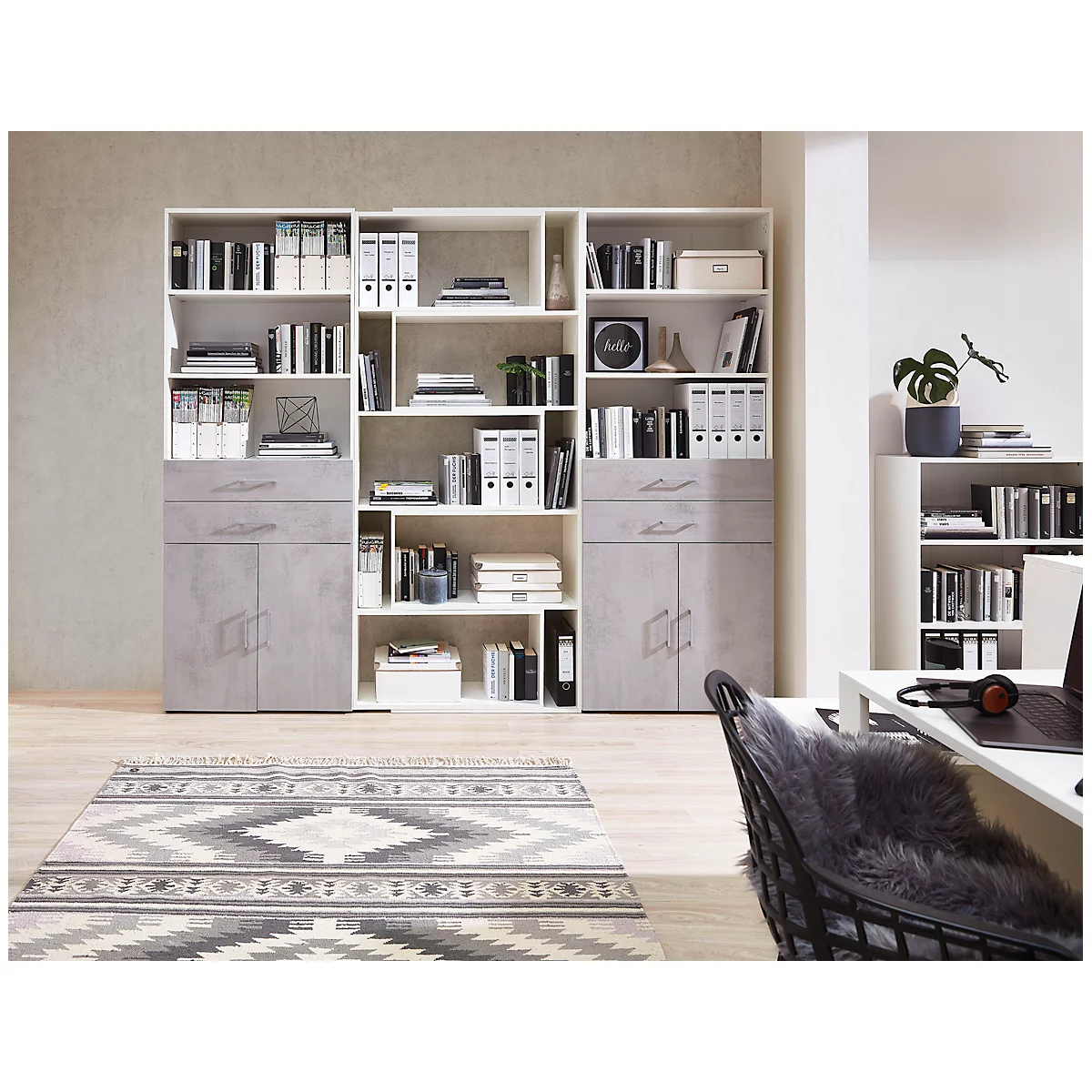 Armoire combinée Home Office TEMPIO, en bois, 2 portes, 2 tiroirs, 6 HC, L 800 x P 340 x H 2130 mm, blanc/béton
