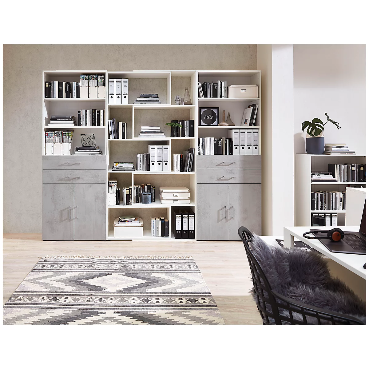 Armoire combinée Home Office TEMPIO, en bois, 2 portes, 2 tiroirs, 6 HC, L 800 x P 340 x H 2130 mm, blanc/béton
