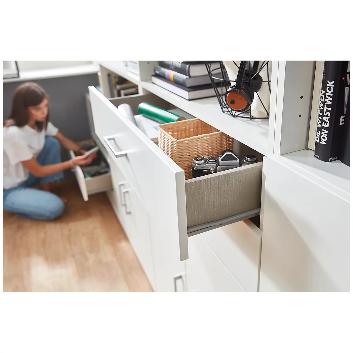 Armoire combinée Home Office TEMPIO, en bois, 2 portes, 2 tiroirs, 6 HC, L 800 x P 340 x H 2130 mm, blanc/béton