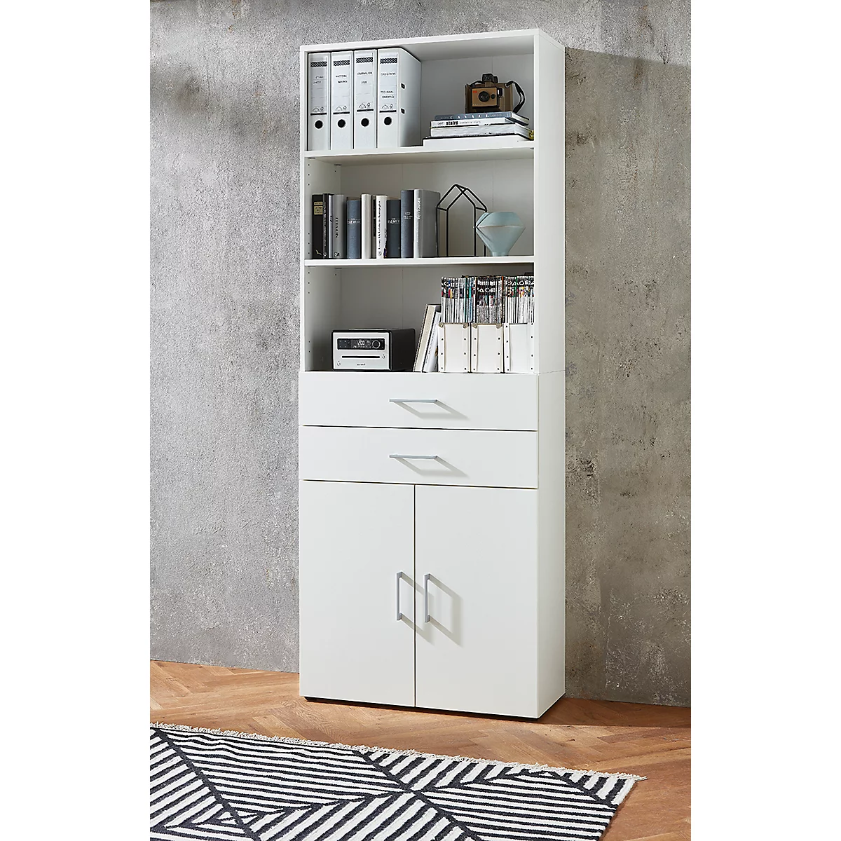 Armoire combinée Home Office TEMPIO, en bois, 2 portes, 2 tiroirs, 6 HC, L 800 x P 340 x H 2130 mm, blanc/blanc
