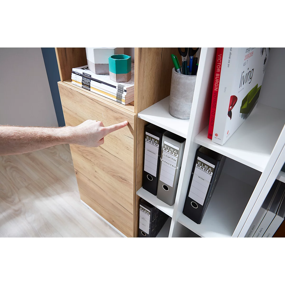 Armoire combinée LIONI - bois - l. 850 x P 400 x H 1200 mm - blanc et décor chêne navarra
