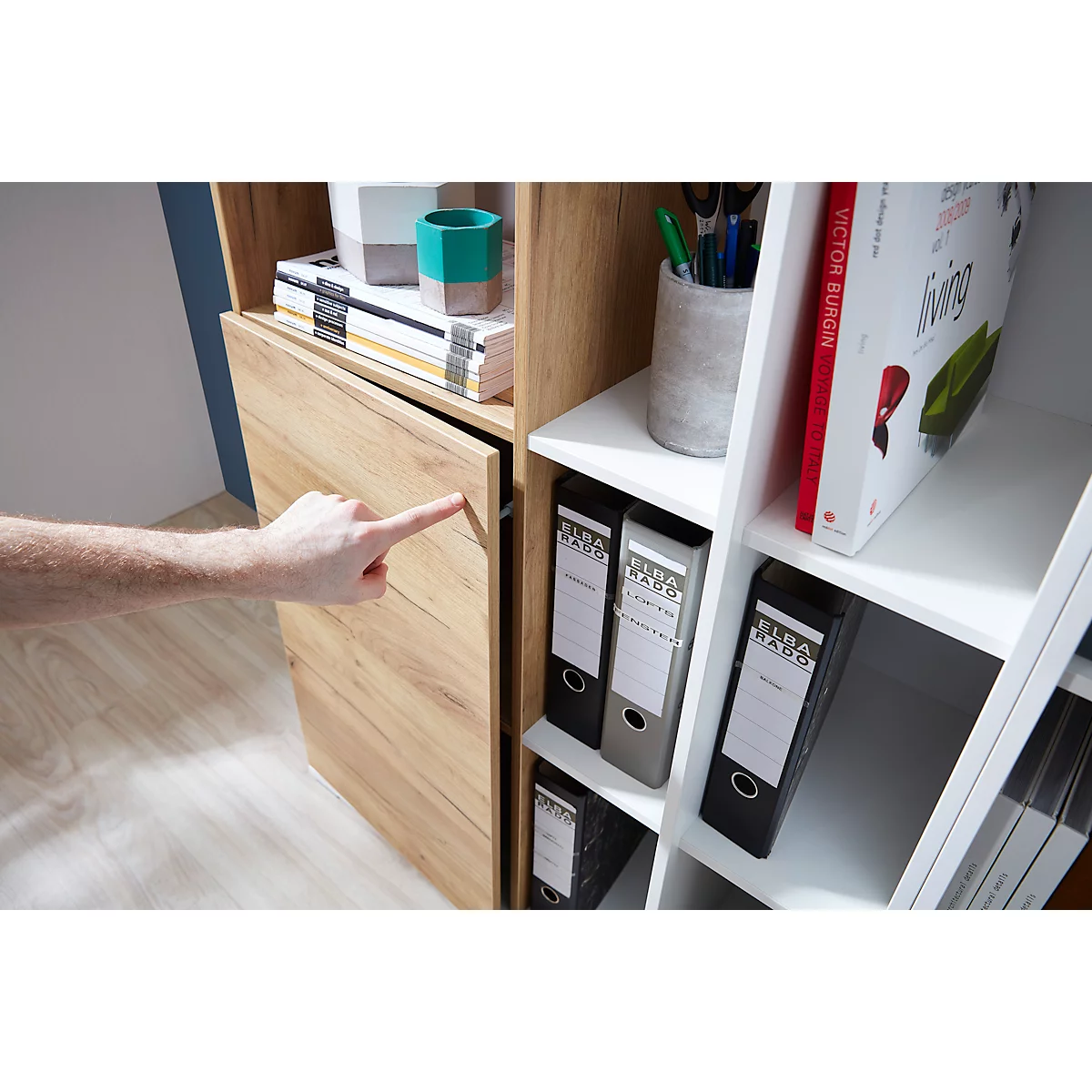 Armoire combinée LIONI - bois - l. 850 x P 400 x H 1200 mm - blanc et décor chêne navarra