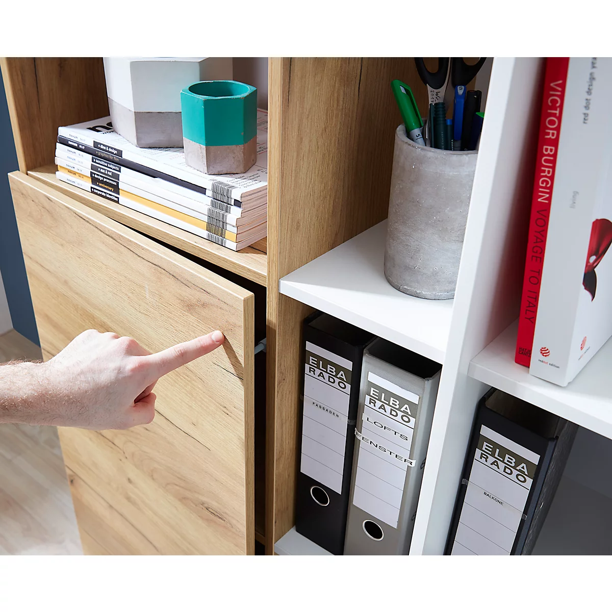 Armoire combinée LIONI - bois - l. 850 x P 400 x H 1200 mm - blanc et décor chêne navarra