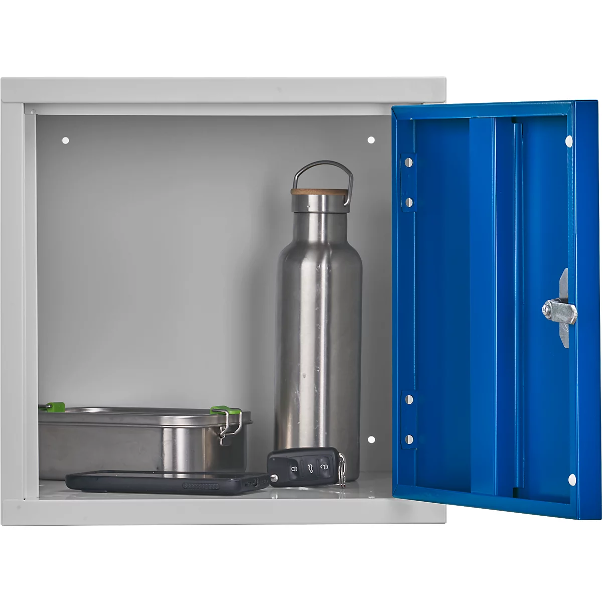 Armoire cube en métal verrouillable, 380 mm, corps gris, porte bleu gentiane RAL 5010