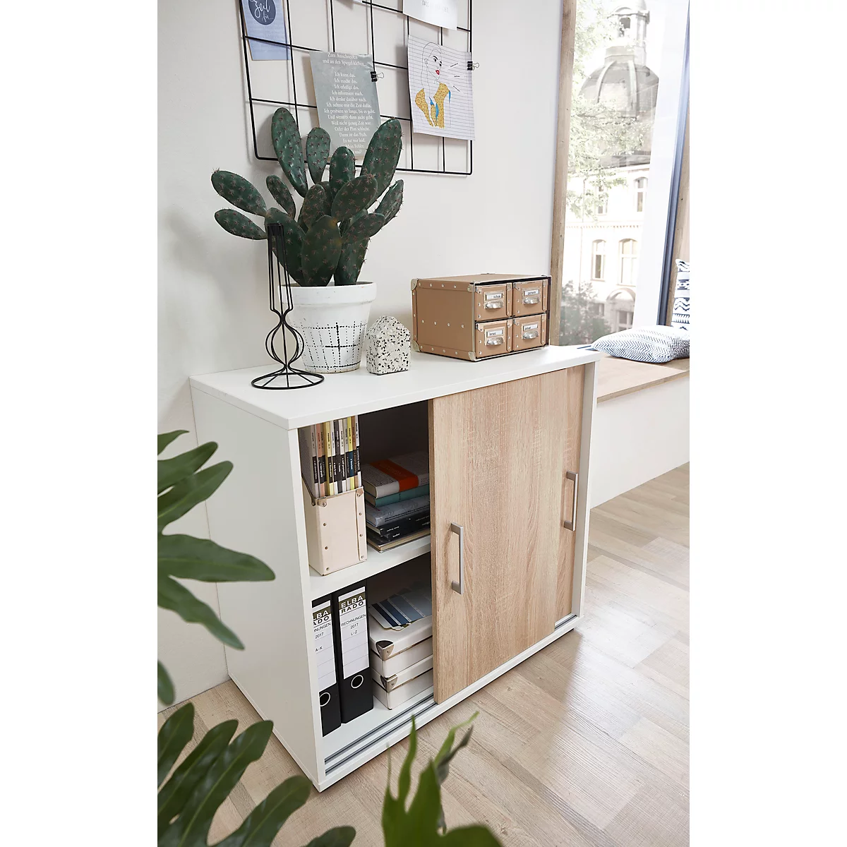 Armoire d'appoint TEMPIO, en bois, 2 portes coulissantes, 2 OH, L 800 x P 430 x H 740 mm, blanc/blanc