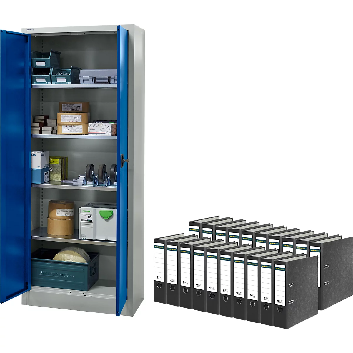 Armoire d'atelier avec portes battantes - en métal - l. 800 x P 400 x H 1935 mm + 20 classeurs à levier gratuits - format A4 - dos 80 mm - notre marque Schäfer Shop Pure 