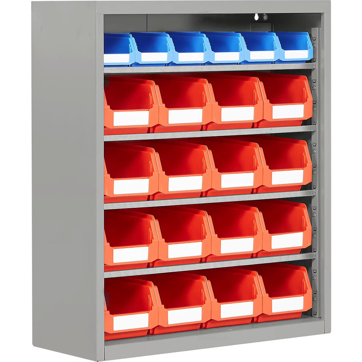 Armoire d'atelier, hauteur 830 mm, 6 étagères, 22 bacs, sans portes,alu blanc